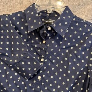 Lands‎ End Floral No Iron Supima Button Down Shirt Daisy Womens Size 8 Navy Blue